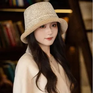 Women Reversible Jacquard Cotton Bucket Hat Winter Warm Lamb Wool Fisherman Cap Retro Suede Style Outdoor Flat Top Sun Hat