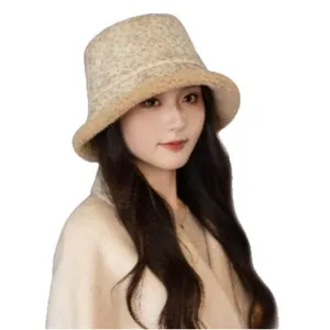 Vintage jacquard suede bucket hat for women with warm beige fleece lining for winter