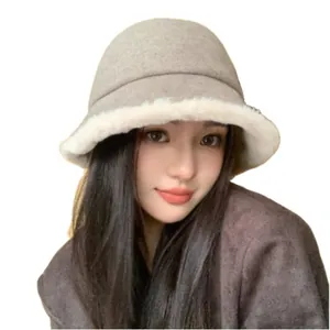 Stylish winter woolen bucket hat for women with elegant white plush fur brim detail