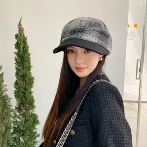 Elegant grey plaid wool newsboy cap for women in vintage Japanese style winter fashion