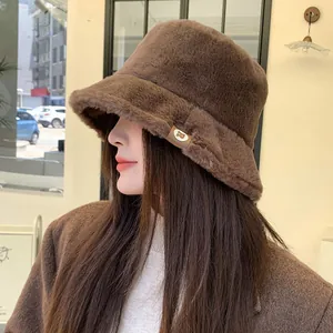 Chic brown plush bucket hat for women, soft faux fur winter warm headwear for outdoors