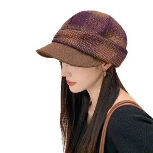 Vintage plaid wool newsboy hat for women, ideal for autumn and winter fashion styles