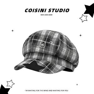Women Plaid Newsboy Cap British Style Cloud Beret Hat Casual Embroidered Wide Brim Cotton Nylon Blend Octagonal Cap