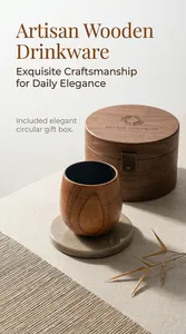 Detailopname van handgemaakt houten drinkgerei met een elegante ronde houten geschenkdoos.
