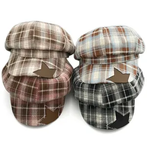 Vintage plaid newsboy caps for women in multiple colors featuring a star patch.