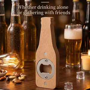 Magnetic beech wood beer bottle opener with a stylish bottle shape for home bar