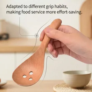 Japanese style large wooden slotted spoon with ergonomic handle for soup and ramen noodles