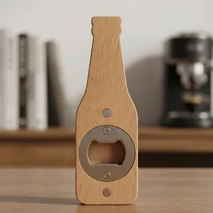Handcrafted bottle-shaped wooden beer opener with magnetic feature made of premium beech wood