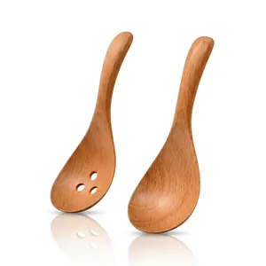 Handcrafted Japanese-style wooden soup spoon and slotted colander set for large ramen bowls