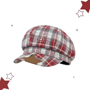 Stylish red plaid baker boy hat featuring wide brim and cute cloud embroidery detail