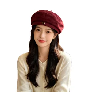Elegant burgundy suede beret hat for women, vintage style for autumn winter season