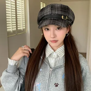 Women British Vintage Plaid Newsboy Cap Adjustable Cotton Octagonal Hat With Leather Buckle Retro Casual Autumn Baker Boy Hat