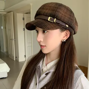 Vintage British style brown plaid baker boy hat for women with leather buckle detail