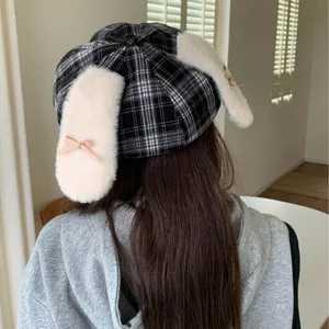 Stylish checkered octagonal hat for women with cute plush rabbit ears and bow decoration