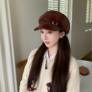 Retro plaid newsboy cap for women with leather buckle detail for autumn winter