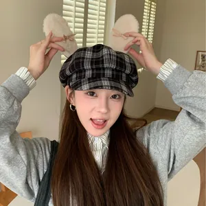 Cute plaid newsboy hat for women with plush rabbit ears and sweet bows details