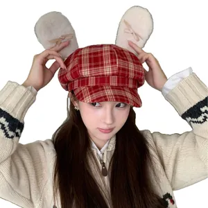 Cute red plaid octagonal hat with plush white rabbit ears and pink bows for women