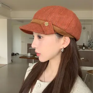 Stylish orange tweed baker boy hat for women, elegant newsboy cap for autumn style