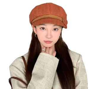 Elegant orange-red textured tweed newsboy hat for women, fashionable autumn accessory