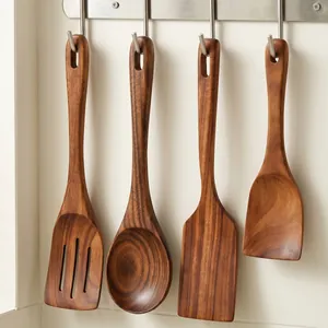 Set of 4 premium handcrafted teak wood kitchen utensils hanging on a metal rack