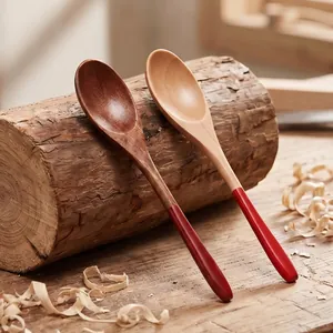 Japanese Style Lotus Wood Coffee Stirring Spoon Small Wooden Seasoning Spoon For Honey Dessert Children Feeding With Red Handle