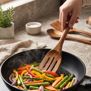 Premium handmade teak wood slotted spatula for non-stick pan cooking and kitchen use