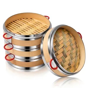 Professional three-tier stainless steel bamboo steamer with red handles for dim sum