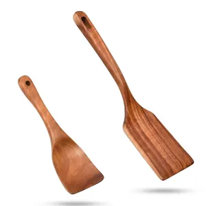 Premium handcrafted teak wood spatula set with natural grain for non-stick cookware