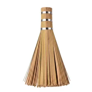 Durable traditional bamboo wok cleaning brush with reinforced stainless steel bands