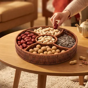 Handgewebte Rattanschale Unterteilt Obstschale Dunkelbraun PP Snack Nüsse Süßigkeiten Aufbewahrungskorb Dekoratives Serviertablett
