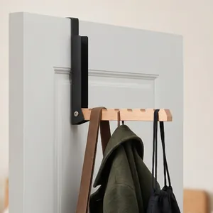 Gancho para Puerta Sin Taladro Perchero Plegable de Madera de Haya y Metal Colgador de Ropa Portátil para Dormitorio Hotel