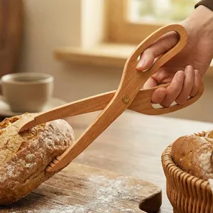Professional beech wood bread tongs scissor style food server for bakery and kitchen