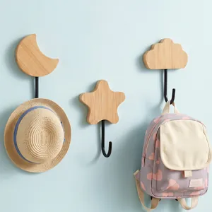 Cartoon Bamboo Adhesive Wall Hooks Natural Wood Decorative Metal Hook For Kitchen Bathroom Star Heart Cloud Moon Shape Hook