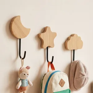 Cartoon bamboo wall hooks in moon, star, and cloud shapes for kids' room decor