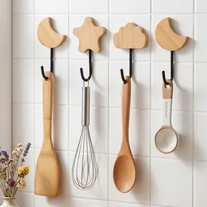 Decorative bamboo wall hooks in moon star and cloud shapes for kitchen organization