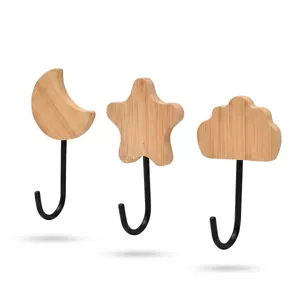 Set of 3 decorative cartoon bamboo adhesive wall hooks in moon star and cloud shapes