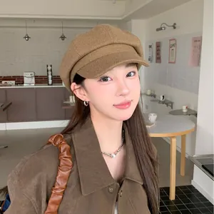 Women Retro British Style Solid Color Newsboy Cap Wide Brim Beret Octagonal Painter Hat Autumn Winter Warm Cotton Hat