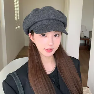 Vintage British style dark grey newsboy hat for women with wide brim for autumn