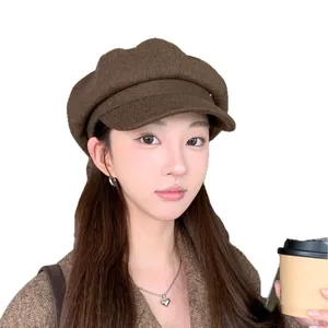 Retro British style solid brown newsboy hat for women, wide brim baker boy cap