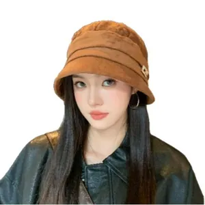 Stylish Korean brown suede bucket hat with extended brim for autumn winter sun protection