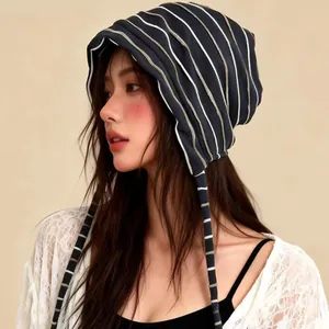 Korean striped cotton turban hat, breathable slouchy beanie for a slimming look