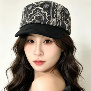 Stylish vintage embroidered flat cap with wave pattern for fashion-forward men and women