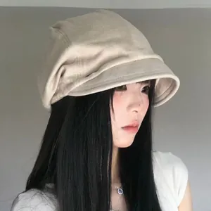 Korean style beige slouchy beanie for women with short brim and pleated vintage design