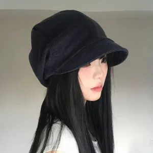 Vintage black corduroy slouchy beanie hat for women with a short brim design