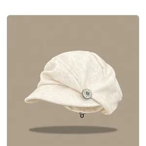 Women Japanese Retro Pleated Cotton Beret Adjustable Newsboy Cap Elegant Painter Hat With Heart Metal Button For Daily