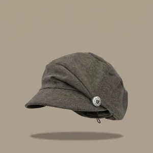 Vintage pleated brown newsboy hat with decorative metal button for women painter style
