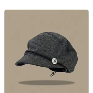 Vintage charcoal gray pleated beret hat for women featuring a stylish heart button and drawstring