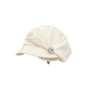 Stylish vintage pleated newsboy hat in off-white beige featuring heart button detail