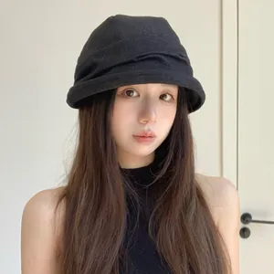 Stylish black pleated bucket hat for women in elegant Korean fashion design style