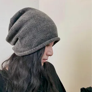 Berretto Morbido in Stile Giapponese per Donna Tinta Unita in Cotone a Maglia Cappello Invernale Caldo Bordo Arrotolato